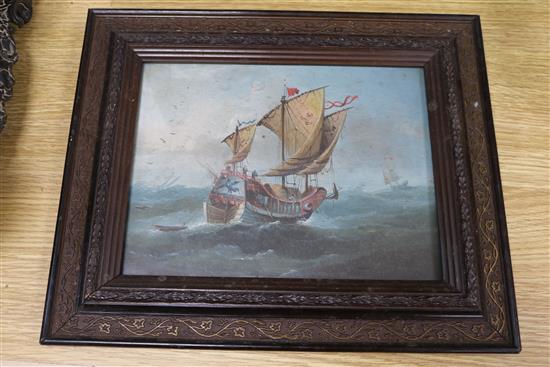 Chinese School, pair of oils on board, Junks at sea, 18.5 x 24cm